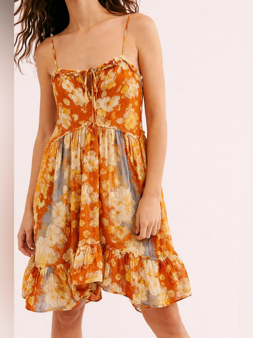 Free People Floral Tie-Front Spaghetti Strap Mini Dress